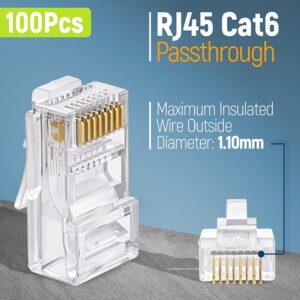 RJ45 Pass-Through Connector 100 Pack | Cat5 Cat5e Cat6 Compatible | 8P8C UTP Ethernet Network Connector | Gold Plated 3-Prong | Transparent Crystal Head | LAN Cable Connector for IP Camera, CCTV, Security Installation