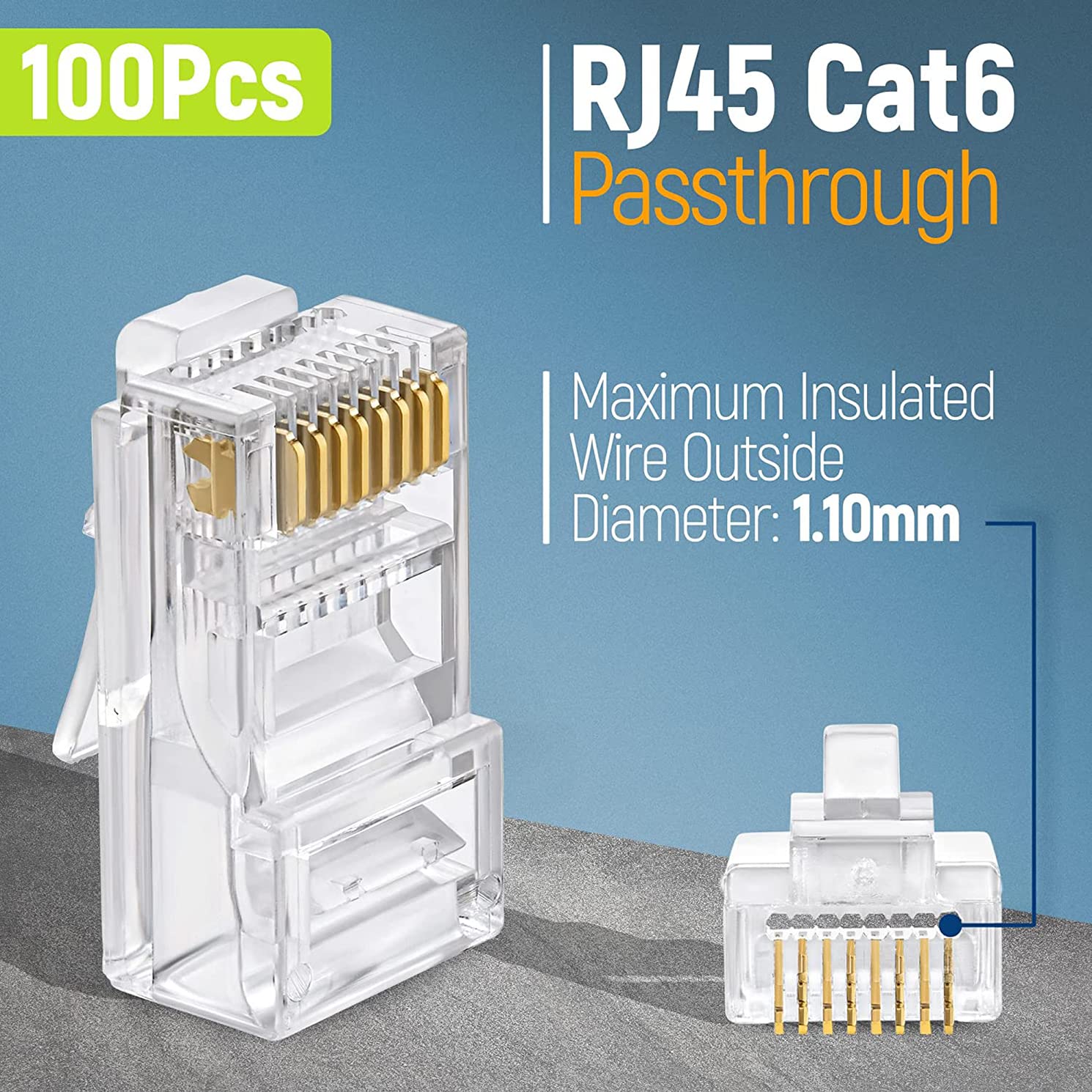 RJ45 Pass-Through Connector 100 Pack | Cat5 Cat5e Cat6 Compatible | 8P8C UTP Ethernet Network Connector | Gold Plated 3-Prong | Transparent Crystal Head | LAN Cable Connector for IP Camera, CCTV, Security Installation