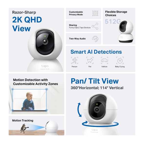 Tapo C220 Pan Tilt Smart AI 2K 4MP QHD Home Security Wi-Fi Camera | 360° Coverage | Alexa & Google Assistant | Night Vision | Two-Way Audio | Motion Detection | TP-Link CCTV