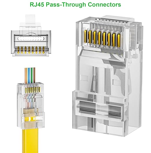 RJ45 Pass-Through Connector 100 Pack | Cat5 Cat5e Cat6 Compatible | 8P8C UTP Ethernet Network Connector | Gold Plated 3-Prong | Transparent Crystal Head | LAN Cable Connector for IP Camera, CCTV, Security Installation