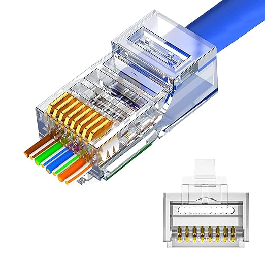 RJ45 Pass-Through Connector 100 Pack | Cat5 Cat5e Cat6 Compatible | 8P8C UTP Ethernet Network Connector | Gold Plated 3-Prong | Transparent Crystal Head | LAN Cable Connector for IP Camera, CCTV, Security Installation