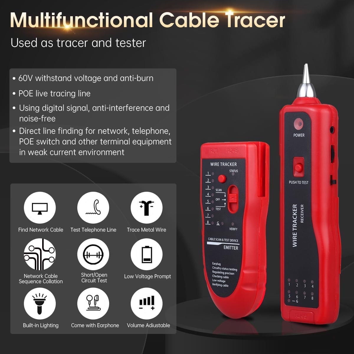 RJ45 Line Tester with Wire Tracker | Ethernet Meter for Network Cable Testing | LAN Cable Tester RJ11 RJ45 Cat5 Cat6 | Telephone Line Finder with Breakpoint Detection